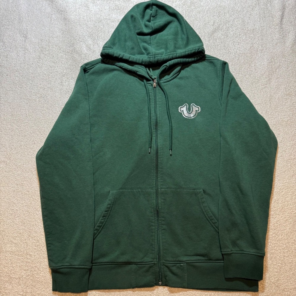 True Religion Buddha Hoodie Mens L Green Full Zip Graphic Logo Sweatshirt Y2K